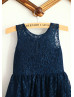 Navy Blue Lace Slit Back Knee Length Flower Girl Dress